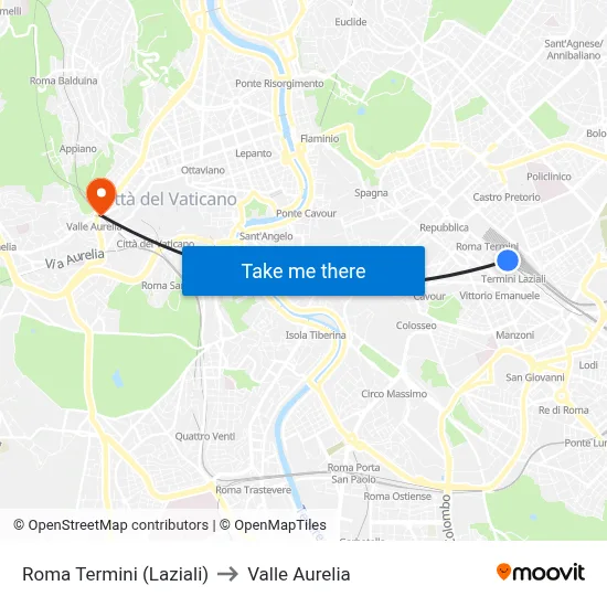 Roma Termini (Laziali) to Valle Aurelia map