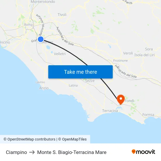 Ciampino to Monte S. Biagio-Terracina Mare map