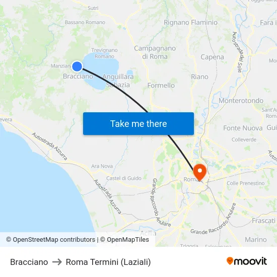 Bracciano to Roma Termini (Laziali) map