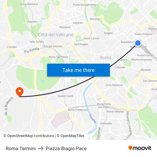 Roma Termini to Piazza Biagio Pace map