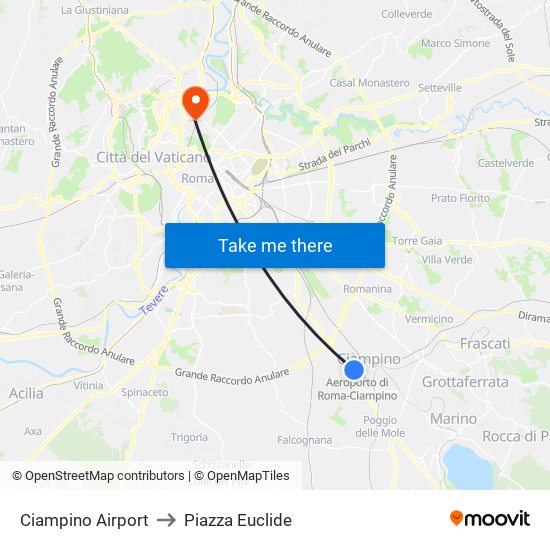 Ciampino Airport to Piazza Euclide map