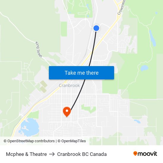 Mcphee & Theatre to Cranbrook BC Canada map