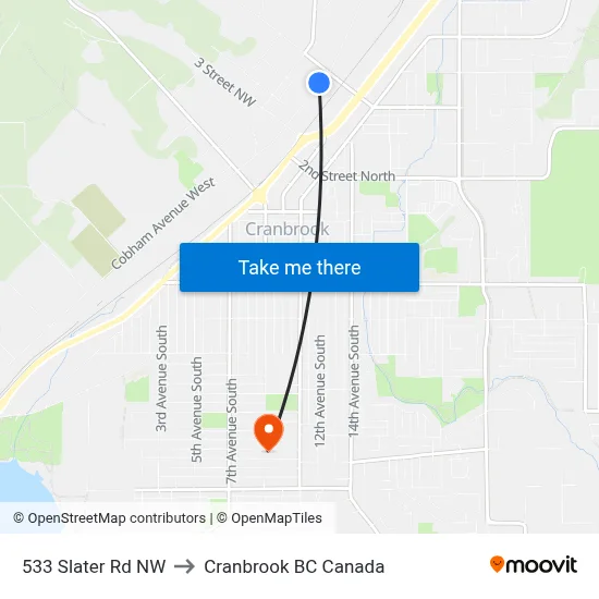 Slater Rd NW at 6th St NW to Cranbrook BC Canada map