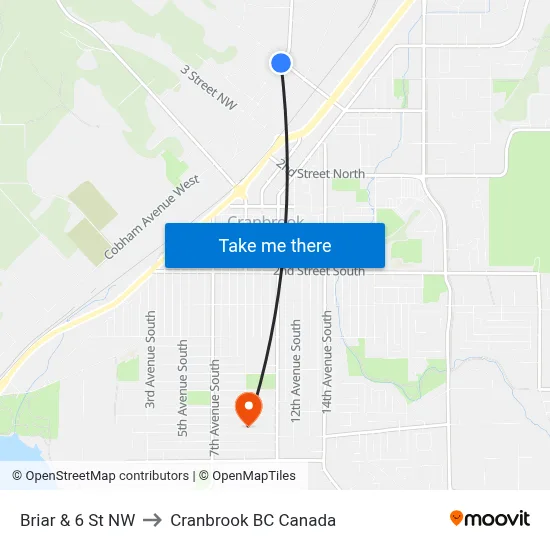 Briar Ave NW at 6th St NW to Cranbrook BC Canada map