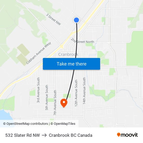 532 Slater Rd NW to Cranbrook BC Canada map