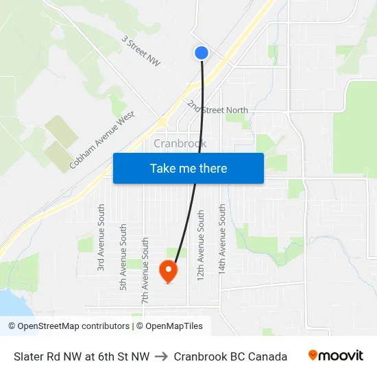 Slater Rd NW at 6th St NW to Cranbrook BC Canada map