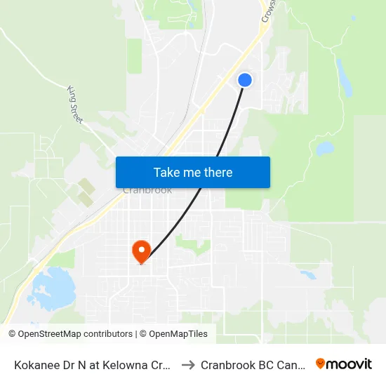Kokanee Dr N at Kelowna Cres N to Cranbrook BC Canada map