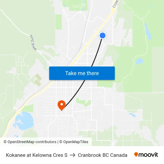 Kokanee Dr N at Kelowna Cres S to Cranbrook BC Canada map