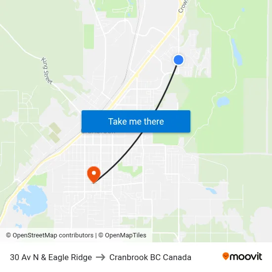 30th Ave N at Eagle Ridge Cres to Cranbrook BC Canada map