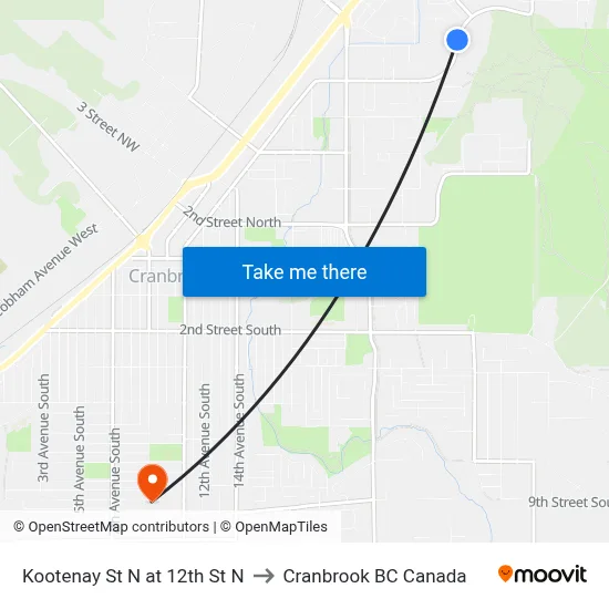 Kootenay St N at 12th St N to Cranbrook BC Canada map