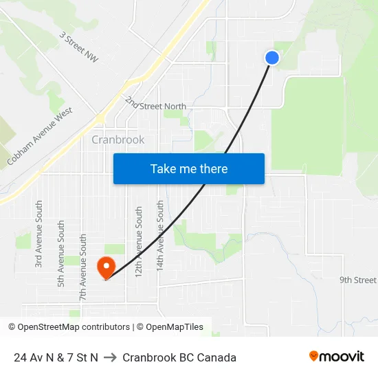 24th Ave N at 7th St N to Cranbrook BC Canada map