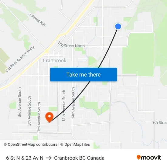 6th St N at 23rd Ave N to Cranbrook BC Canada map