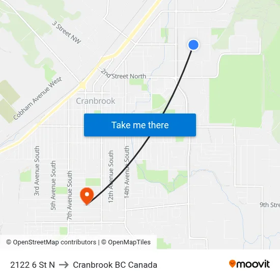 2100 Blk 6th St N to Cranbrook BC Canada map
