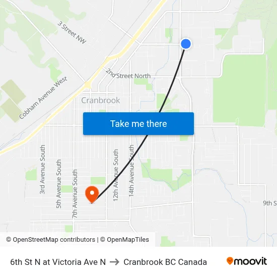 6th St N at Victoria Ave N to Cranbrook BC Canada map