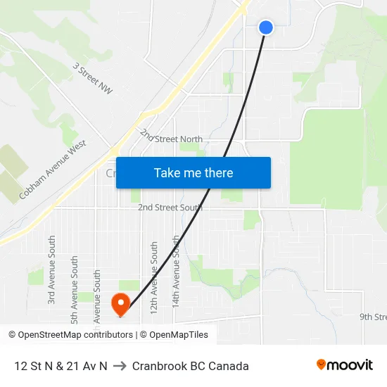 12th St N at 21st Ave N to Cranbrook BC Canada map