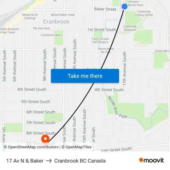 17th Ave N at Baker St to Cranbrook BC Canada map