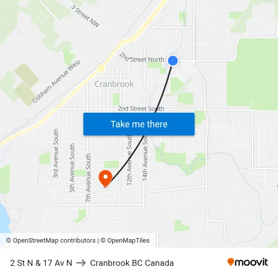 2nd St N at 17th Ave N to Cranbrook BC Canada map