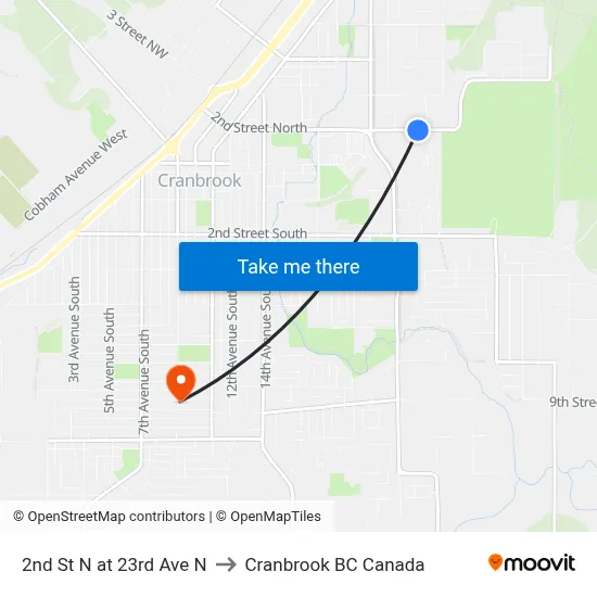 2nd St N at 23rd Ave N to Cranbrook BC Canada map