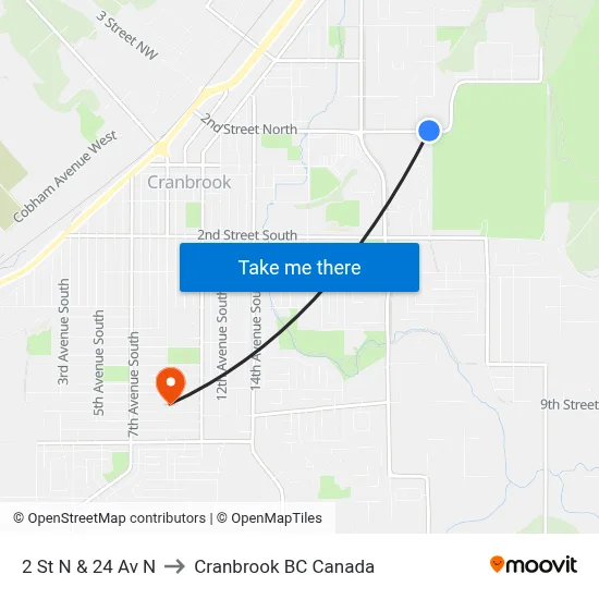 2nd St N at 24th Ave N to Cranbrook BC Canada map