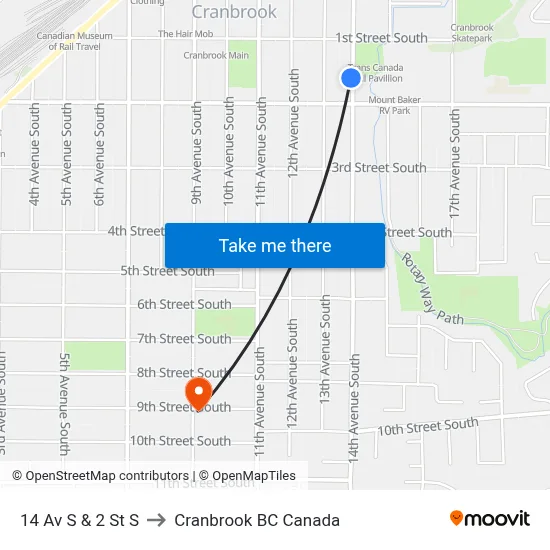 14th Ave S at 2nd St S to Cranbrook BC Canada map