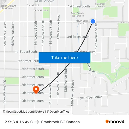 2nd St S at 17th Ave S to Cranbrook BC Canada map