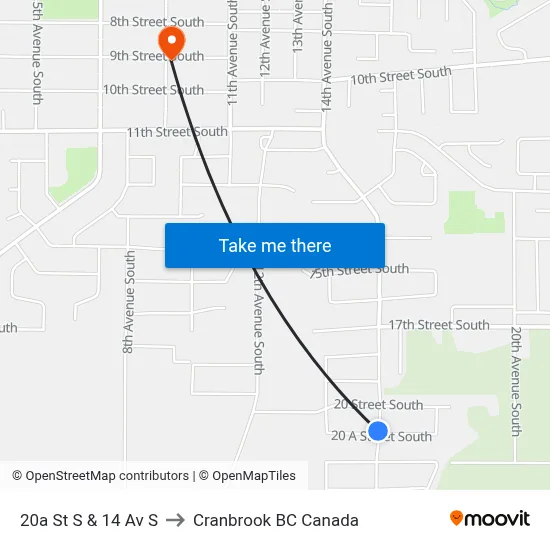 14th Ave S at 20a St S to Cranbrook BC Canada map