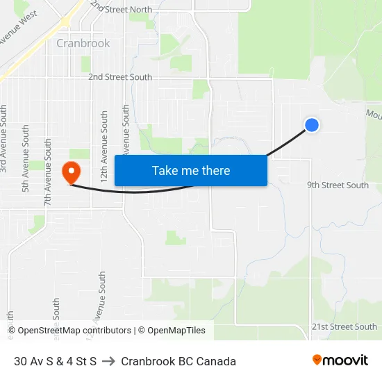30 Av S & 4 St S to Cranbrook BC Canada map