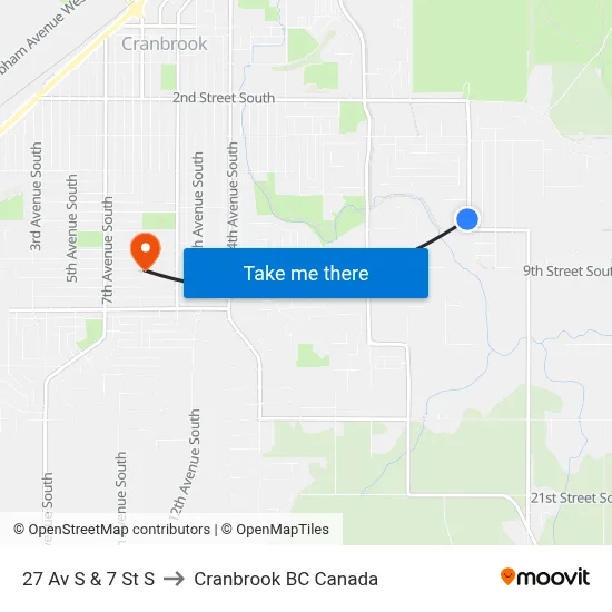 27th Ave S at 7th St S to Cranbrook BC Canada map