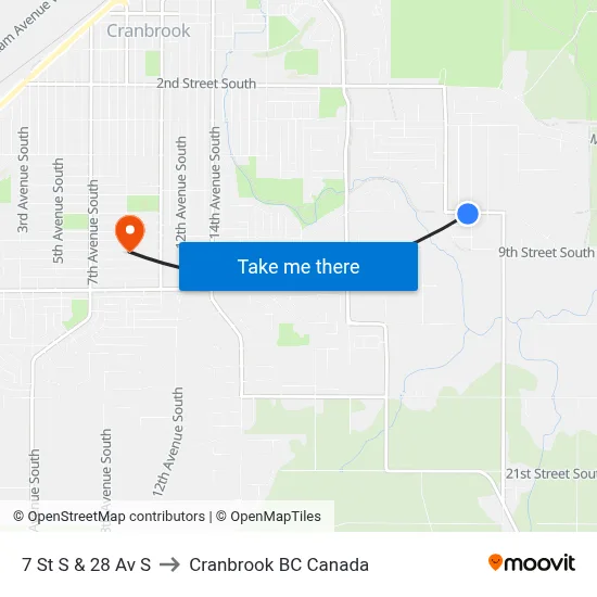 7th St S at 28th Ave S to Cranbrook BC Canada map