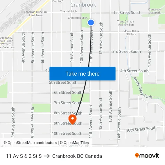 11th Ave S at 2nd St S to Cranbrook BC Canada map