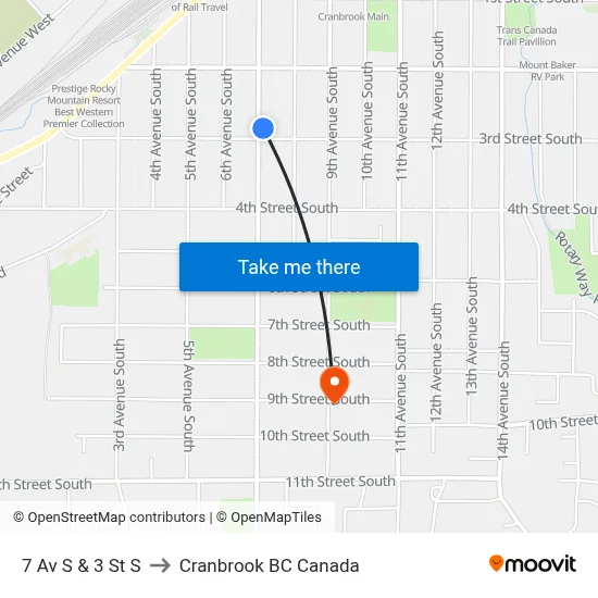 7th Ave S at 3rd St S to Cranbrook BC Canada map
