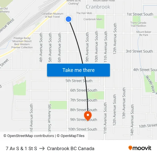 7th Ave S at 1st St S to Cranbrook BC Canada map