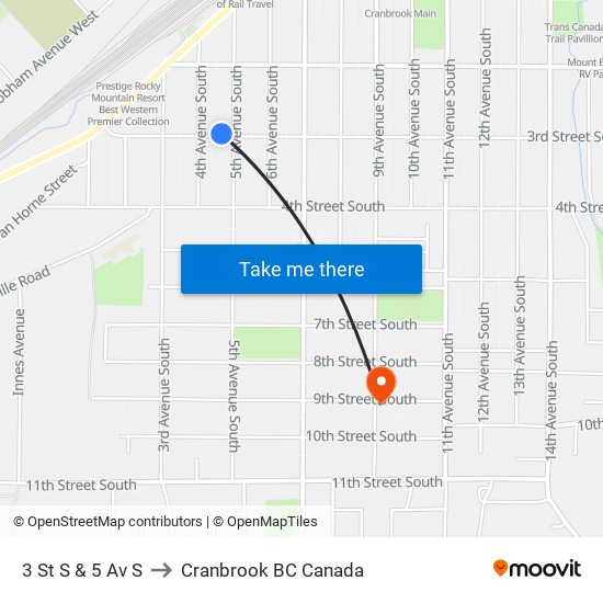 3 St S & 5 Av S to Cranbrook BC Canada map