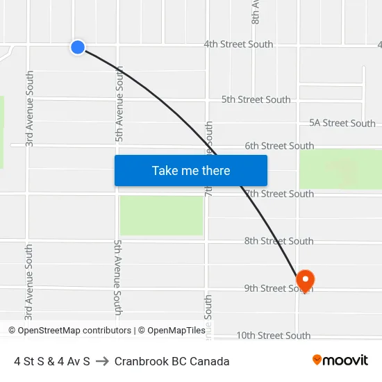 4th St S at 4th Ave S to Cranbrook BC Canada map