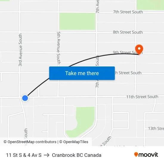11th St S at 4th Ave S to Cranbrook BC Canada map