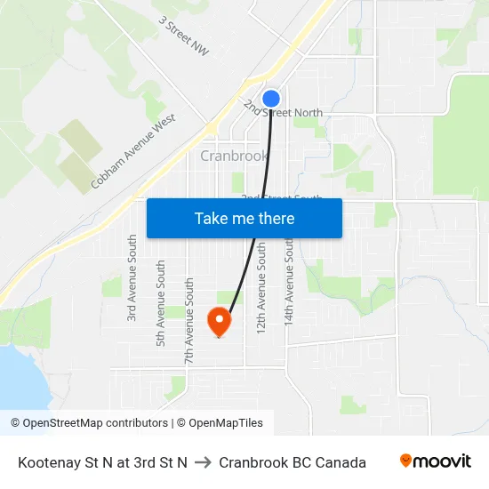 Kootenay St N at 3rd St N to Cranbrook BC Canada map