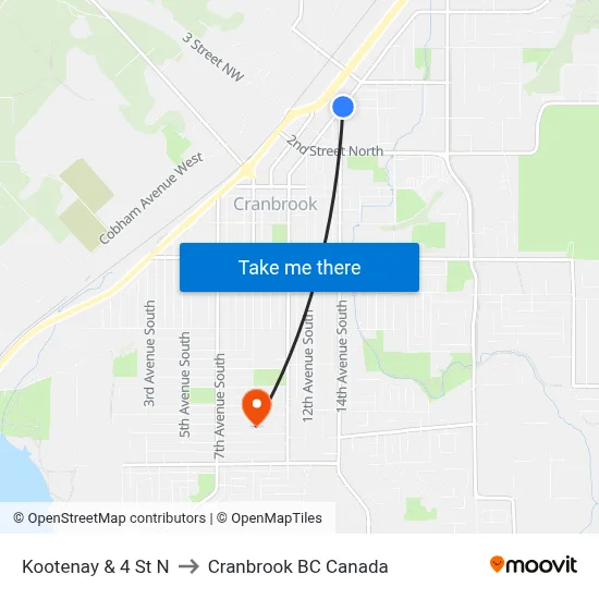 Kootenay St N at 4th St N to Cranbrook BC Canada map