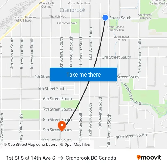 1st St S at 14th Ave S to Cranbrook BC Canada map