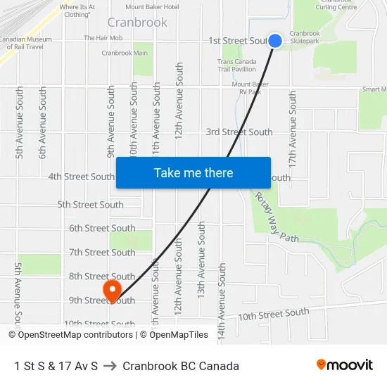 1st St S at 17th Ave S to Cranbrook BC Canada map