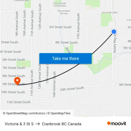 Victoria Ave S at 3rd St S to Cranbrook BC Canada map