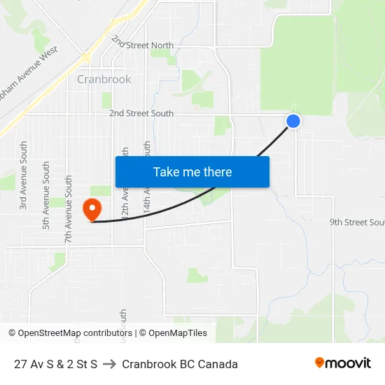 27th Ave S at 2nd St S to Cranbrook BC Canada map