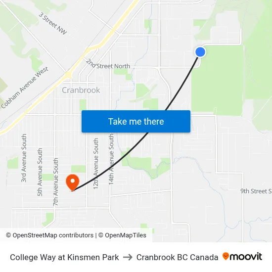 College Way at Kinsmen Park to Cranbrook BC Canada map
