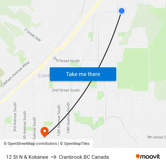 12th St N at Kokanee Dr N to Cranbrook BC Canada map