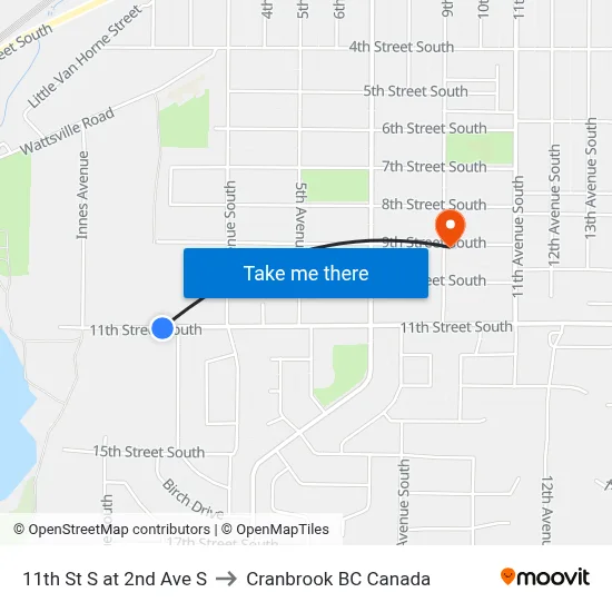 11th St S at 2nd Ave S to Cranbrook BC Canada map