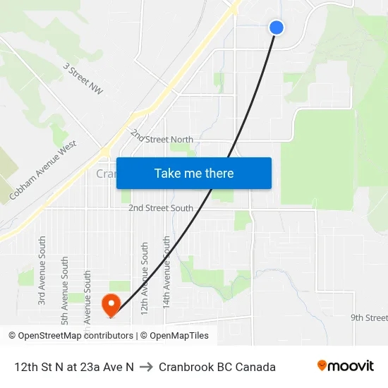 12th St N at 23a Ave N to Cranbrook BC Canada map