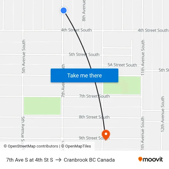 7th Ave S at 4th St S to Cranbrook BC Canada map