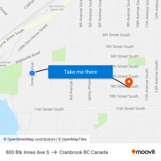 800 Blk Innes Ave S to Cranbrook BC Canada map