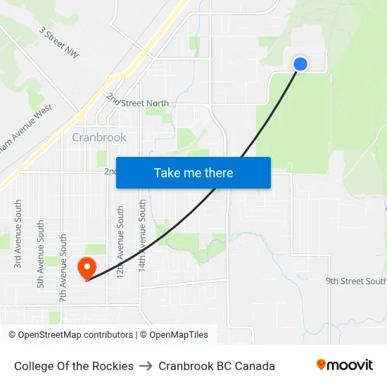 College Of the Rockies to Cranbrook BC Canada map