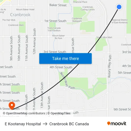 E Kootenay Hospital to Cranbrook BC Canada map
