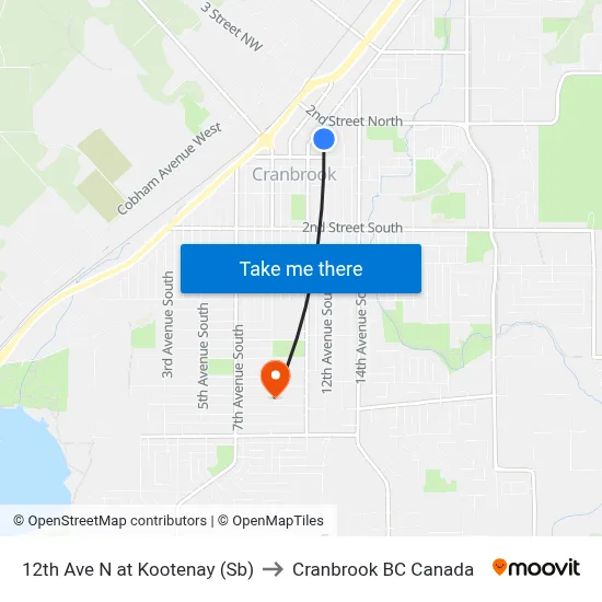 12th Ave N at Kootenay (Sb) to Cranbrook BC Canada map
